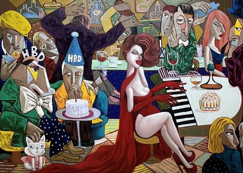 Lady in Red singing Happy Birthday von Ta Byrne, Malerei kaufen auf Singulart