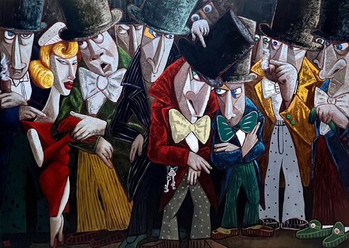 Conspirators and a lady in red by Ta Byrne, Painting for Sale on Singulart