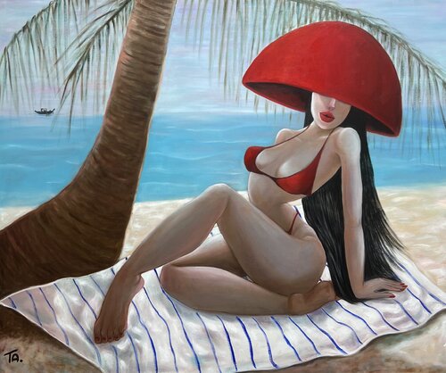 lady in Red Hat on the Beach Ta Byrne