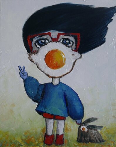 Egg boy & dog all masked up van Ta Byrne, Schilderij te koop op Singulart