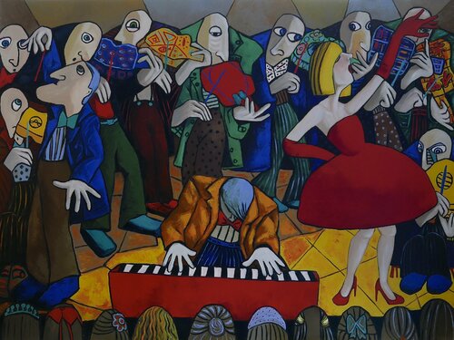 Piano man, Prima Donna and a stage full of violins. van Ta Byrne, Schilderij te koop op Singulart