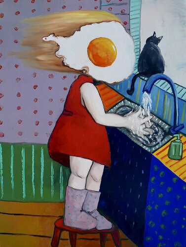 Egg girl washing hands van Ta Byrne, Schilderij te koop op Singulart