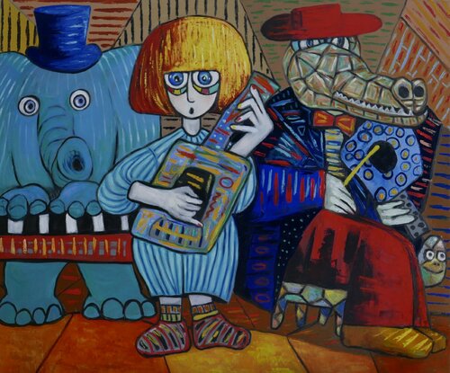 Princess & friends playing jazz van Ta Byrne, Schilderij te koop op Singulart