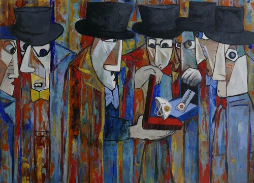 Conspirators making a deal van Ta Byrne, Schilderij te koop op Singulart