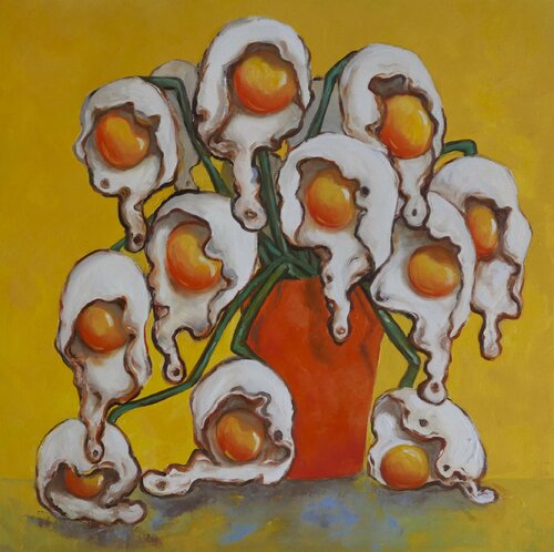 Egg flowers in fiery orange vase van Ta Byrne, Schilderij te koop op Singulart