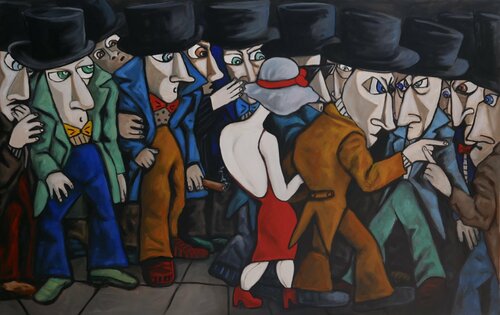 lady in red dress van Ta Byrne, Schilderij te koop op Singulart