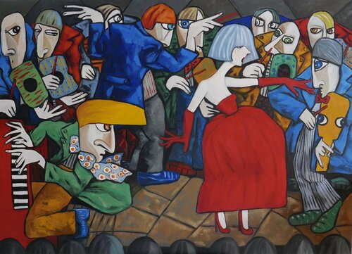 Lady in red and the piano player van Ta Byrne, Schilderij te koop op Singulart