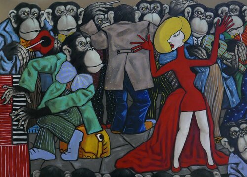 The piano player and lady in red van Ta Byrne, Schilderij te koop op Singulart