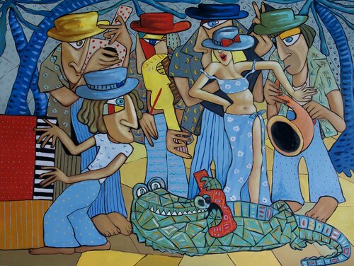 Lady in blue sings the blues van Ta Byrne, Schilderij te koop op Singulart