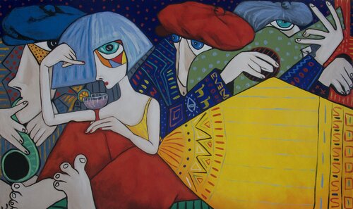 Lady in yellow with her jazz band van Ta Byrne, Schilderij te koop op Singulart