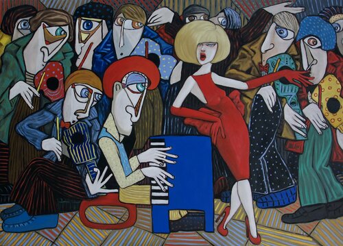 The piano player and Lady in Red. van Ta Byrne, Schilderij te koop op Singulart