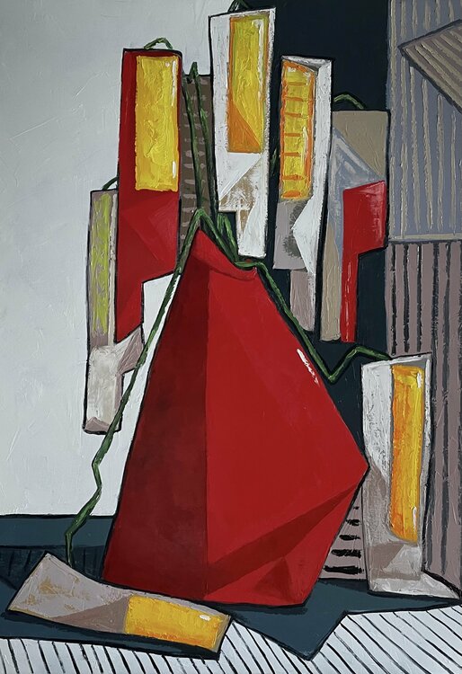 Egg flowers in large red vase Ta Byrne