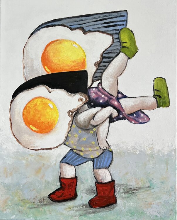 Egg friends seesawing Ta Byrne