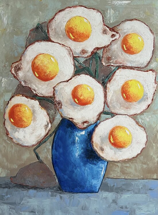 Large egg flowers in blue vase Ta Byrne