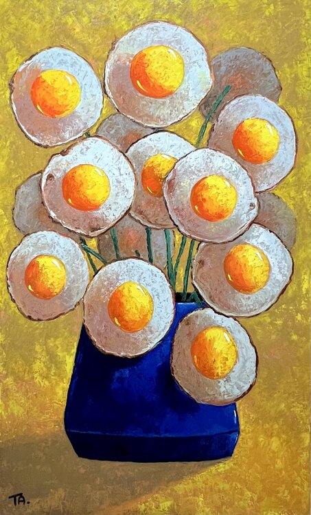 Egg flowers in blue vase Ta Byrne