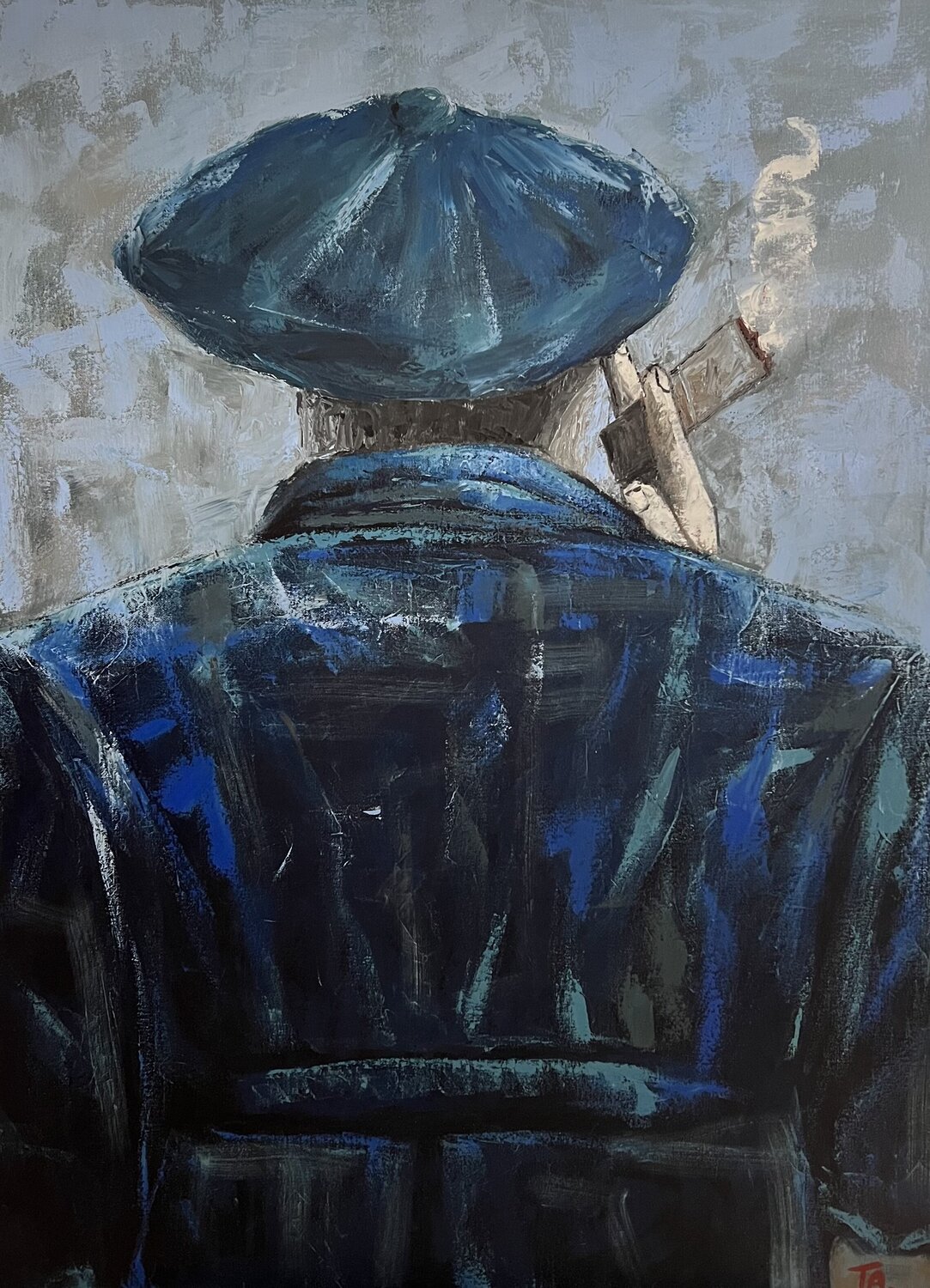 Man in blue smoking a cigar Ta Byrne