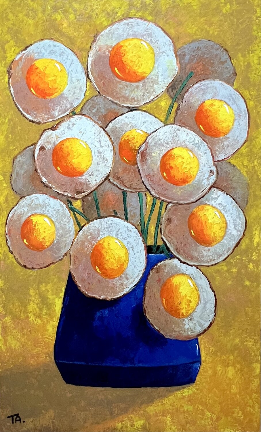 Egg flowers in blue vase Ta Byrne