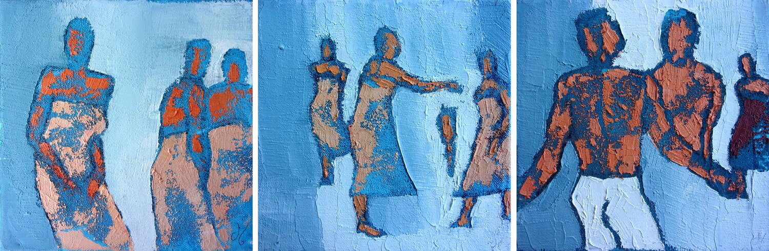 Triptyque "Echappée, le foulard, Duel" Corinne Malfreyt Originalgemälde zu verkaufen