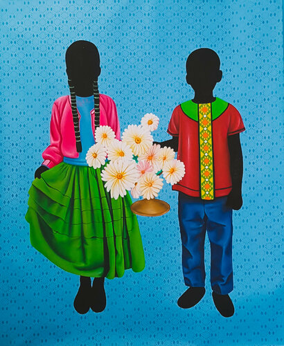 Boy and girl with flowers van Aziseh Emmanuel, Schilderij te koop op Singulart