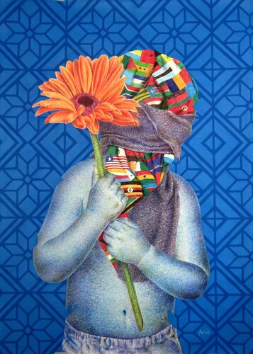 child and orange flower di Aziseh Emmanuel, Opera su carta in vendita su Singulart