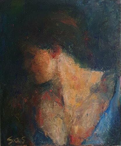Woman in blue dress di Liubou Sas, Pittura in vendita su Singulart