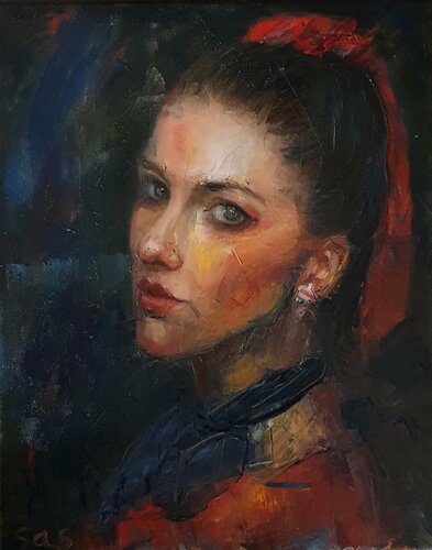 Girl with a blue scarf by Liubou Sas, 회화 for Sale on Singulart