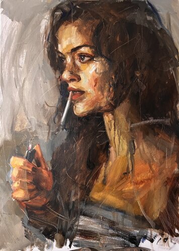 Woman with cigarette di Liubou Sas, Pittura in vendita su Singulart