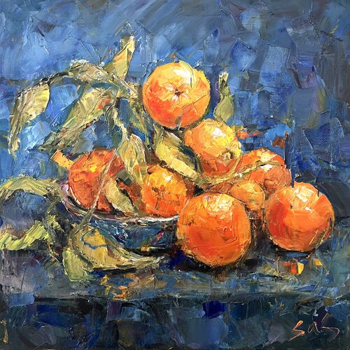 Сitruses on blue di Liubou Sas, Pittura in vendita su Singulart