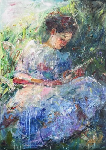 Reading girl under a tree di Liubou Sas, Pittura in vendita su Singulart