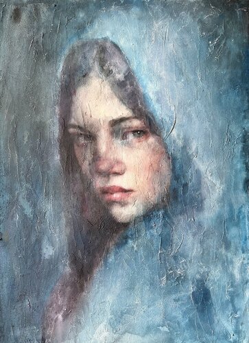 Girl with covered head by Liubou Sas, 회화 for Sale on Singulart