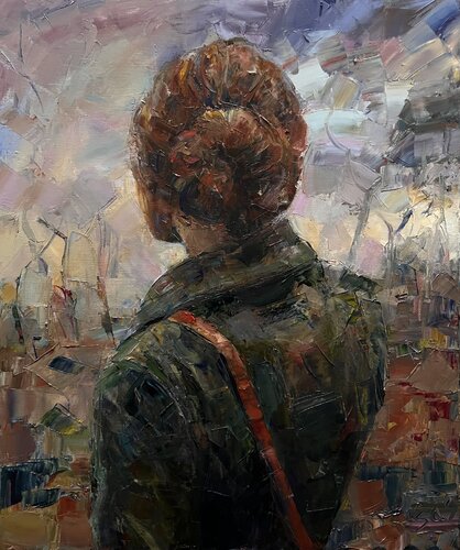 Woman in green coat di Liubou Sas, Pittura in vendita su Singulart