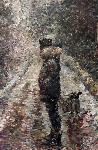 My dog ​​loves snow van Liubou Sas, Schilderij te koop op Singulart