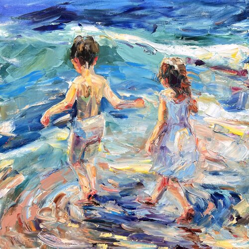 Children on the beach 3 von Liubou Sas, Malerei kaufen auf Singulart