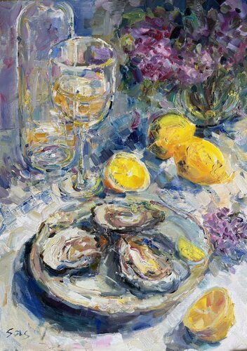 Still life with oysters 2 par Liubou Sas, Peinture en vente sur Singulart