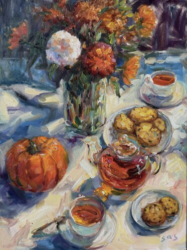 Still life with hot tea di Liubou Sas, Pittura in vendita su Singulart