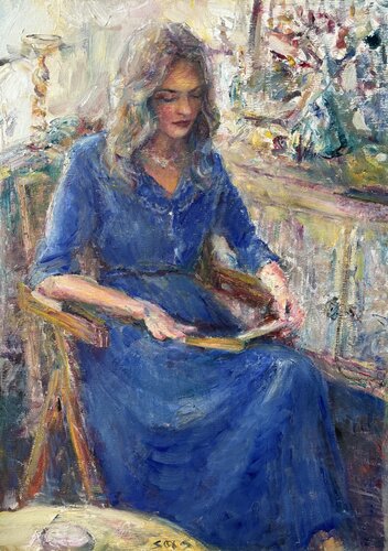 Woman in a blue dress di Liubou Sas, Pittura in vendita su Singulart