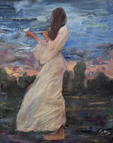 She Weaves Her Hair Into Clouds von Liubou Sas, Malerei kaufen auf Singulart