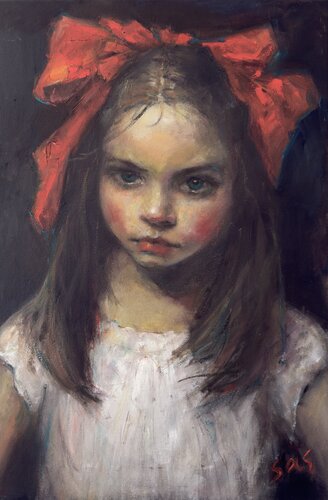 Girl with a red bow. Before. par Liubou Sas, Peinture en vente sur Singulart