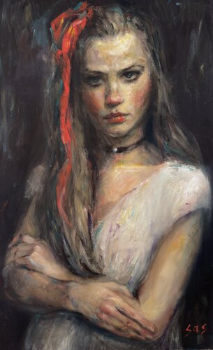 Girl with a red bow. After. par Liubou Sas, Peinture en vente sur Singulart