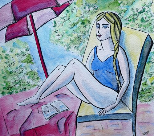 Isabelle à la piscine (dessin) van Marine Walon, Tekening te koop op Singulart