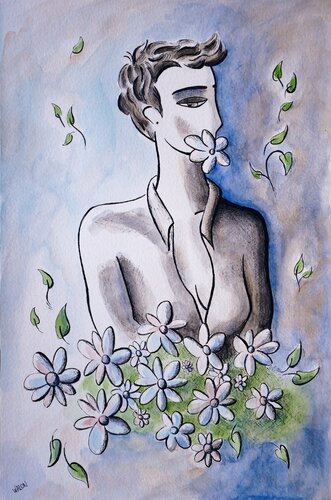 Femme au bouquet de fleurs van Marine Walon, Tekening te koop op Singulart