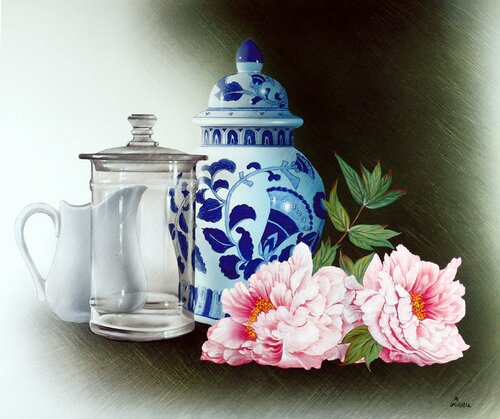 "Pots et pivoines" van Alain Brunet "Tenurb-Géneau", Schilderij te koop op Singulart