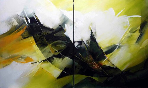 "Composition 458"  (diptyque 2 x 15F)    Abstraction lyrique Alain Brunet "Tenurb-Géneau"