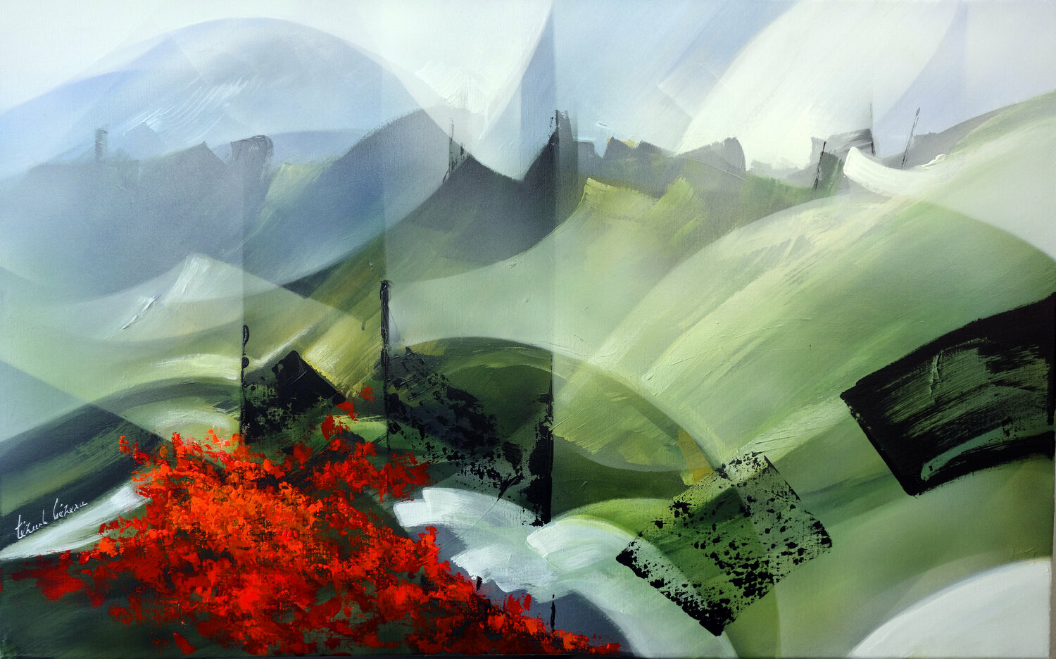 "Composition 784"  (Paysagisme abstrait aux coquelicots ) Alain Brunet "Tenurb-Géneau" Originalgemälde zu verkaufen