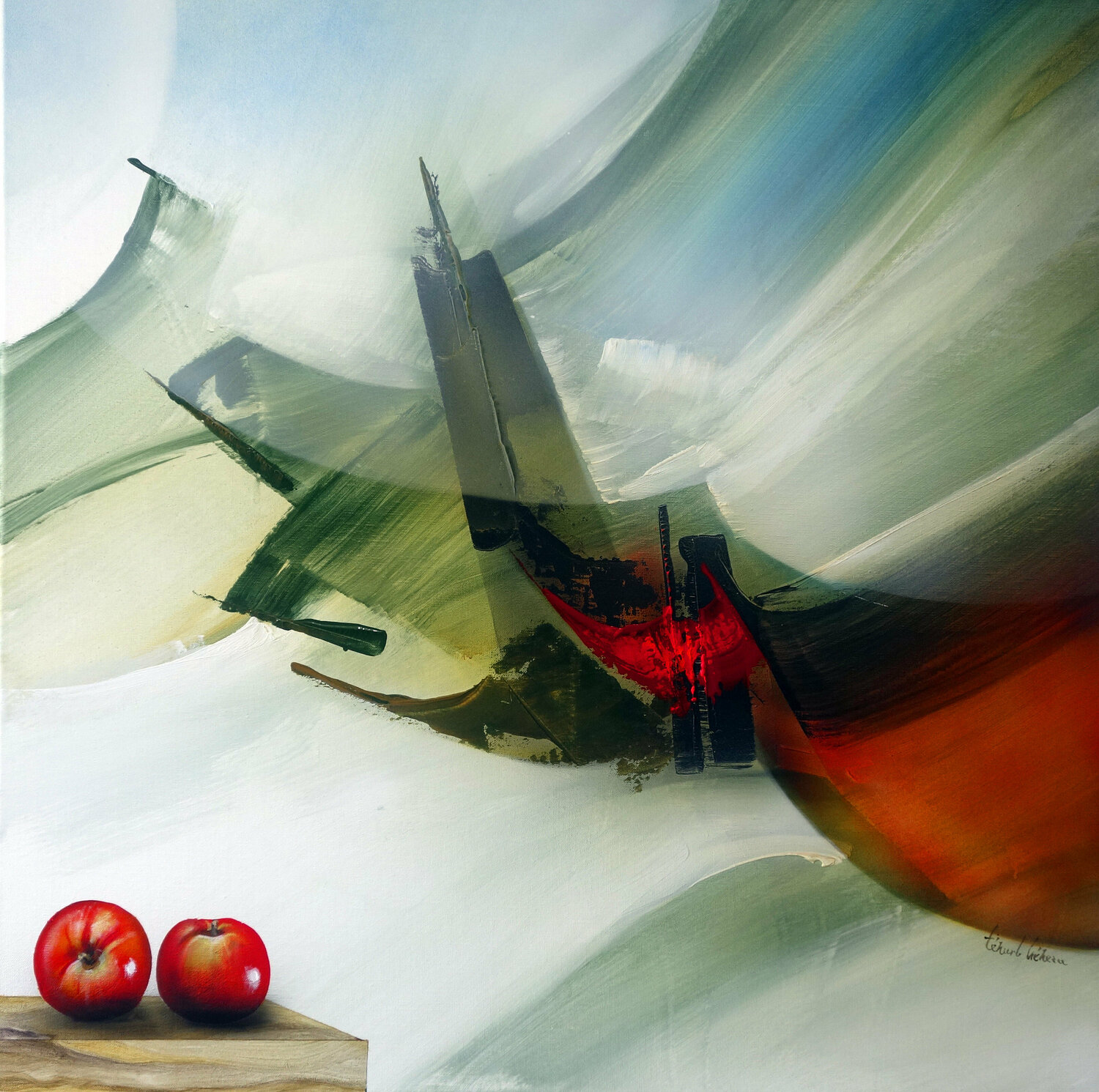"Composition 729 aux deux pommes"   ( Abstraction lyrique ) Alain Brunet "Tenurb-Géneau" Peinture originale à vendre