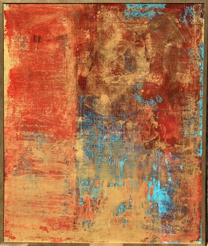 Gold, red & turquoise van Javier Santana, Schilderij te koop op Singulart