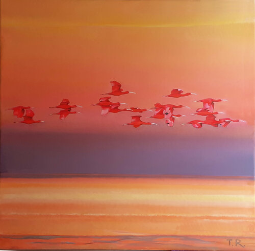 AN EVENING FLIGHT ( Scarlet Ibises) von Tatiana Rezvaya, Malerei kaufen auf Singulart