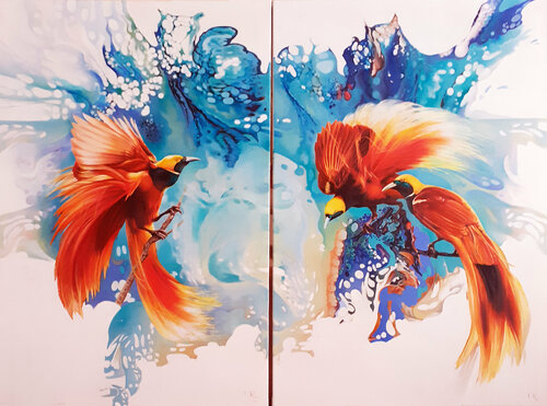 BIRDS-OF-PARADISE BY A WATERFALL (diptych) von Tatiana Rezvaya, Malerei kaufen auf Singulart