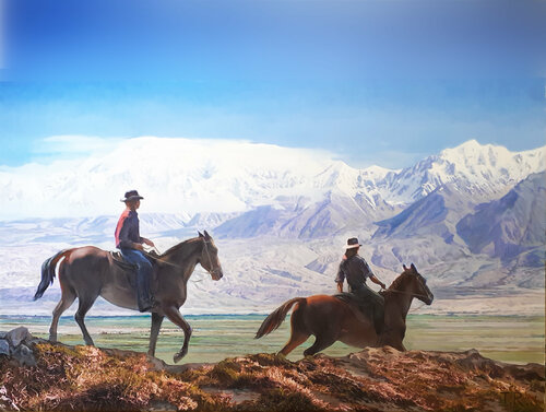 FAR AWAY FROM THE BEATEN PATH ( GALINA AND IVAN SOLOSHENKO IN THE PAMIR MOUNTAINS) von Tatiana Rezvaya, Malerei kaufen auf Singulart