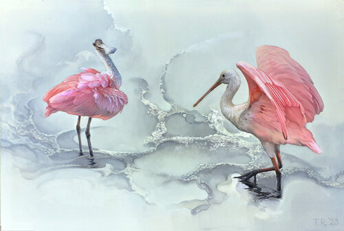 2 ROSEATE SPOONBILLS / "LA COQUETTE" von Tatiana Rezvaya, Malerei kaufen auf Singulart